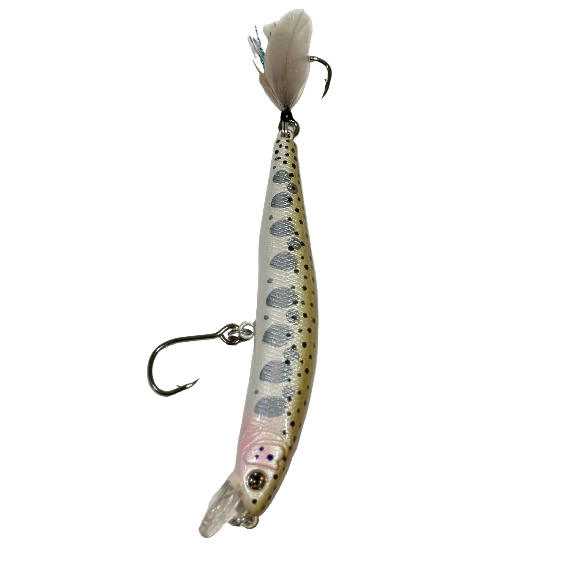 The 3.9” Yough Bow Jerkbait Gray Smoke Rainbow Blue Flash (Feathered Single Hook)
