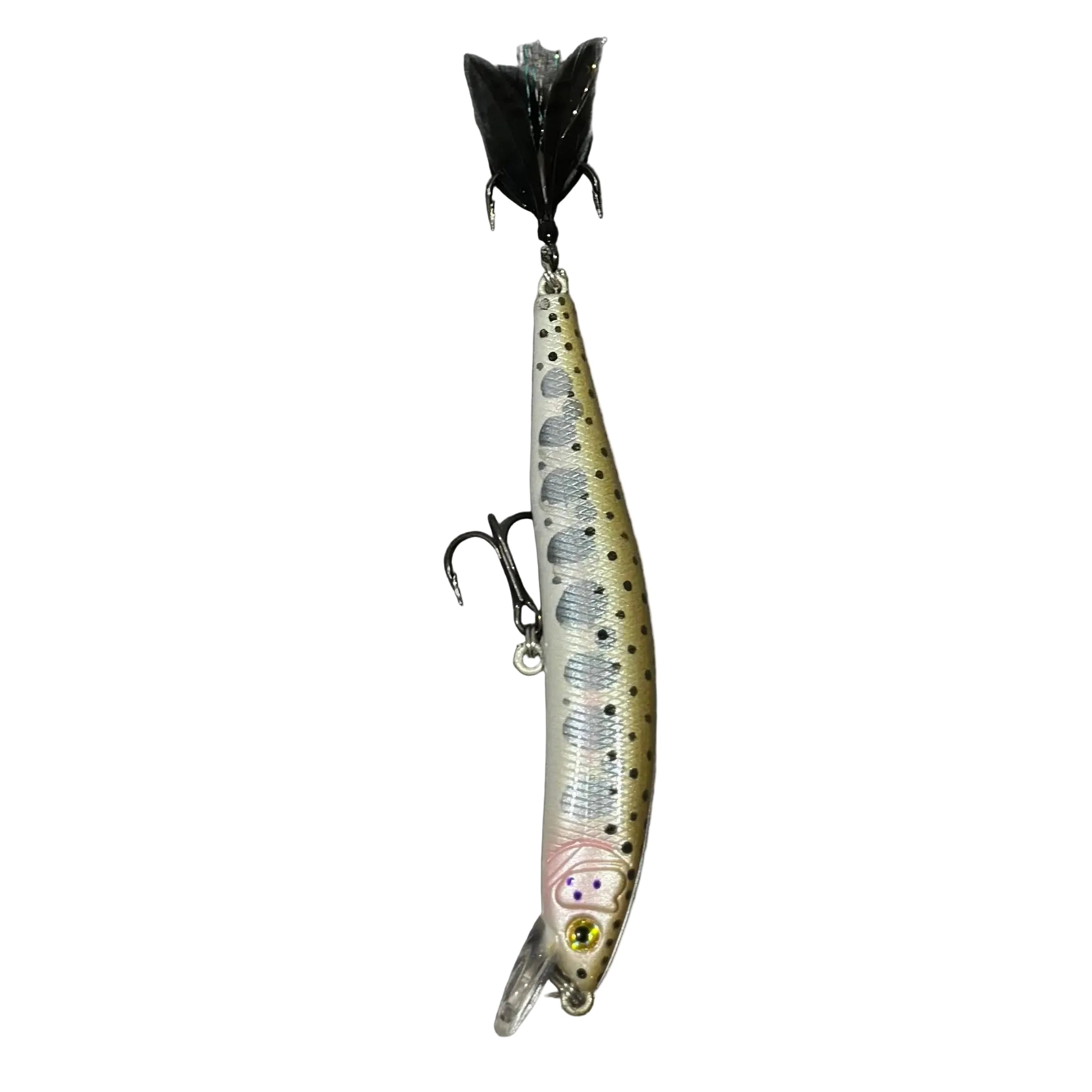 The 3.9” Yough Bow Jerkbait Black Rainbow Flash (Feathered Treble Hook)