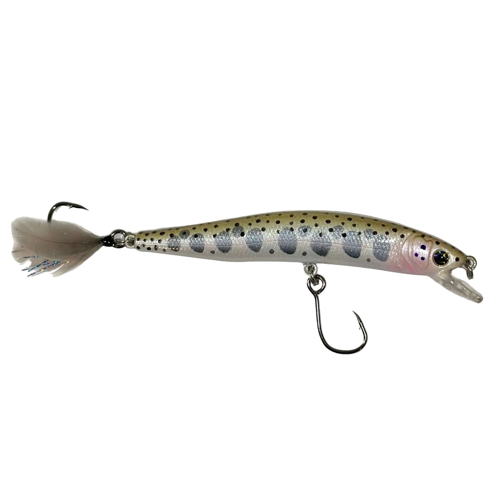 The 3.9” Yough Bow Jerkbait Gray Smoke Rainbow Blue Flash (Feathered Single Hook)