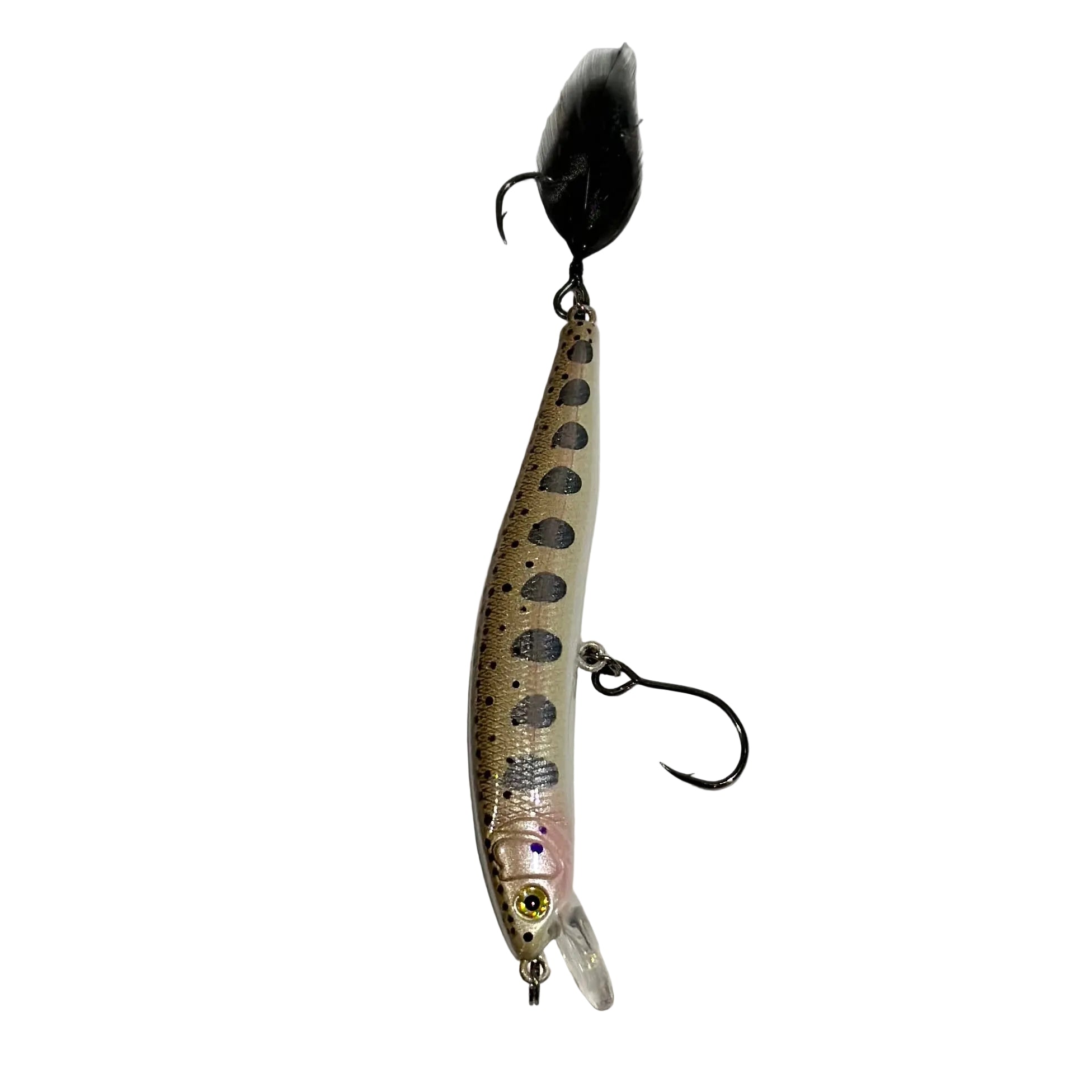 The 3.9” Yough Bow Jerkbait Series 3 Black Rainbow Flash (Feathered Single Hook)
