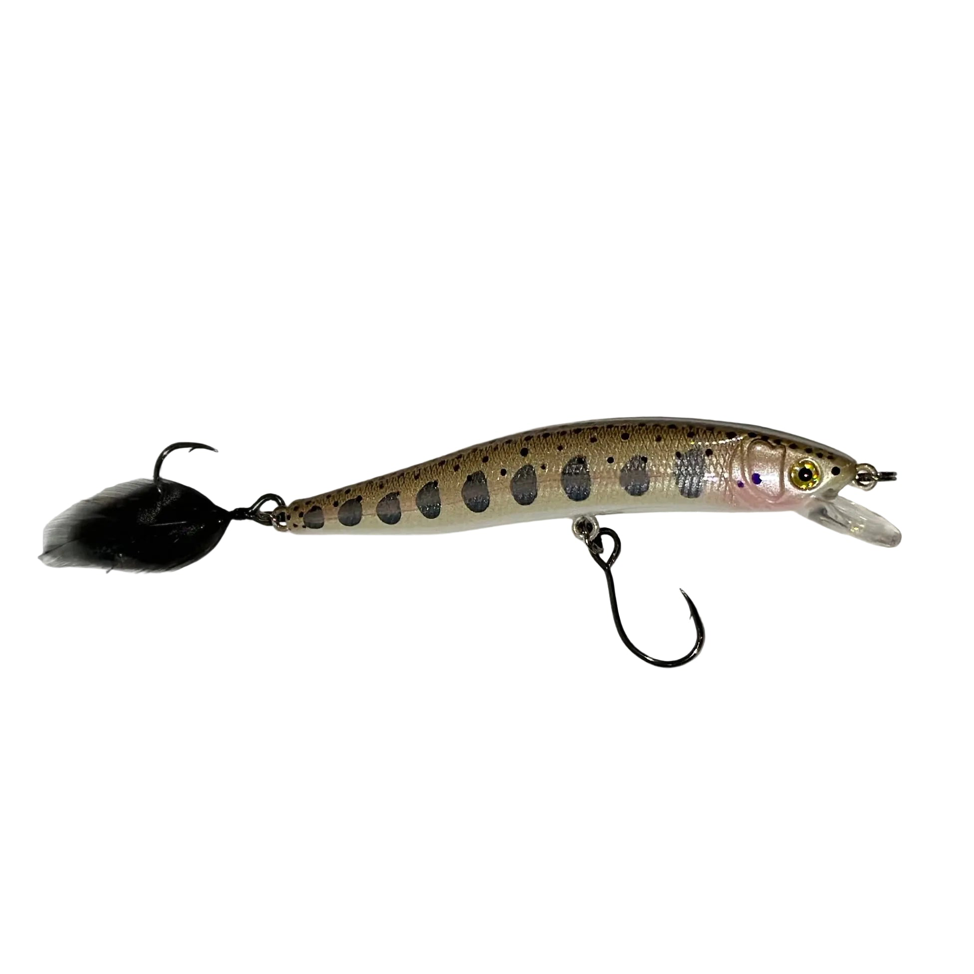 The 3.9” Yough Bow Jerkbait Series 3 Black Rainbow Flash (Feathered Single Hook)