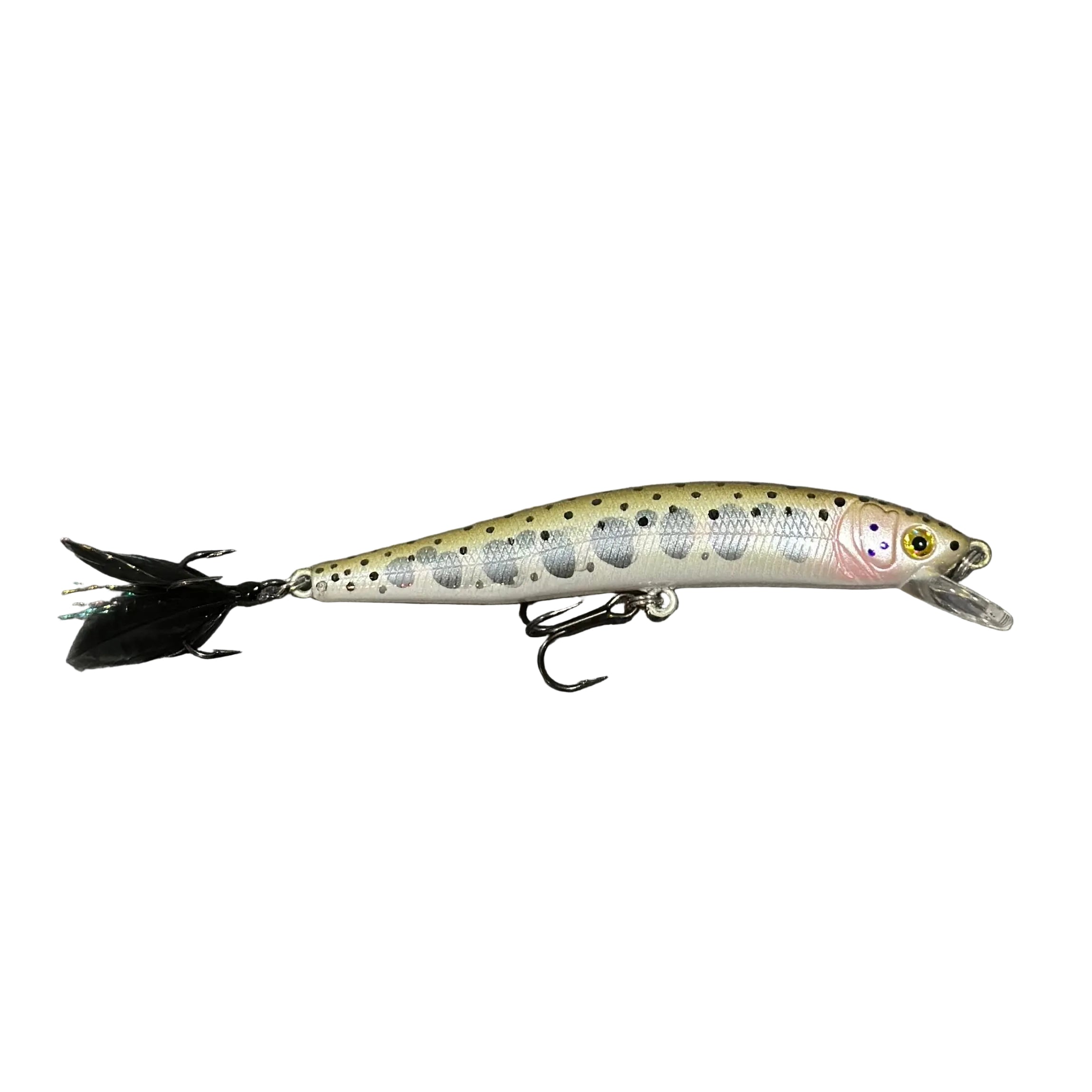 The 3.9” Yough Bow Jerkbait Black Rainbow Flash (Feathered Treble Hook)