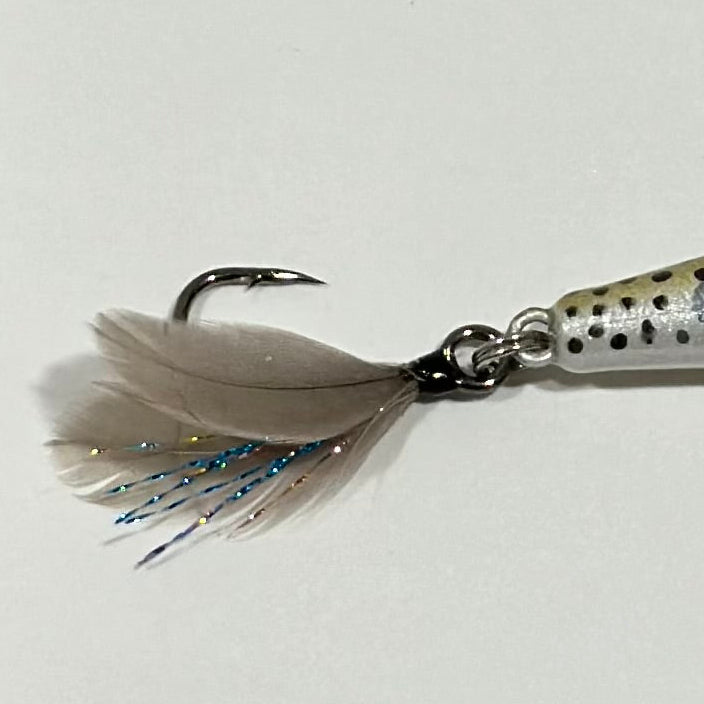 The 3.9” Yough Bow Jerkbait Gray Smoke Rainbow Blue Flash (Feathered Single Hook)