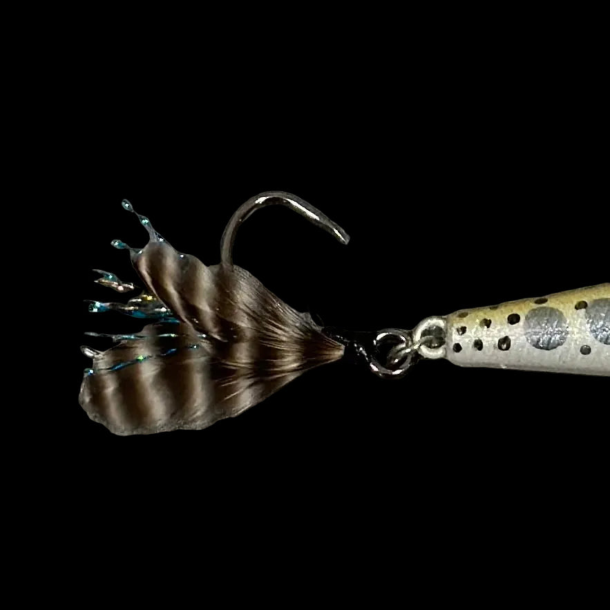 The 3.9” Yough Bow Jerkbait Series 3 Parr Rainbow Flash (Feathered Single Hook)