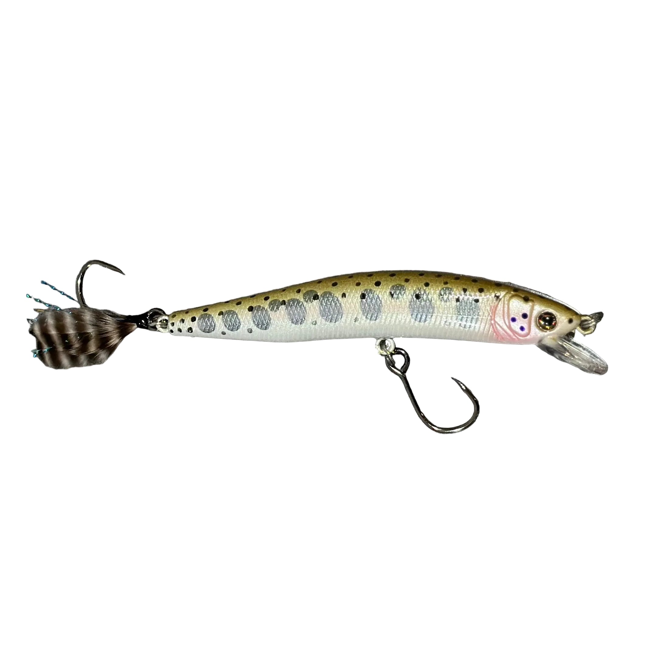 The 3.9” Yough Bow Jerkbait Series 3 Parr Rainbow Flash (Feathered Single Hook)