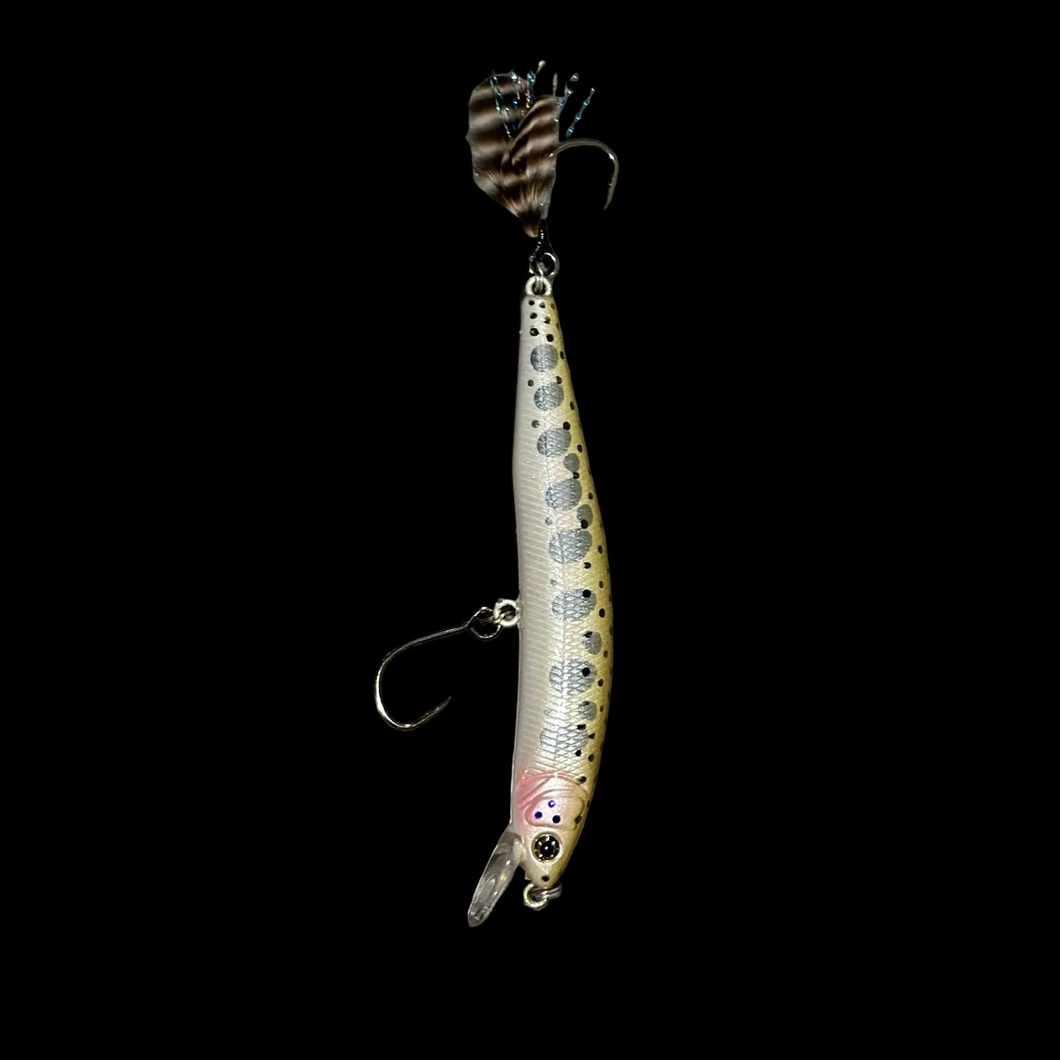 The 3.9” Yough Bow Jerkbait Series 3 Parr Rainbow Flash (Feathered Single Hook)